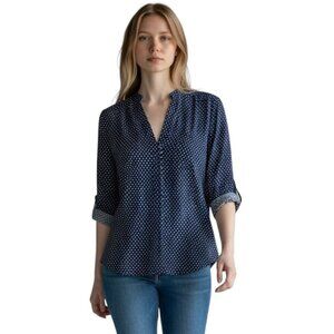 Market & Spruce Women's Top S Blue & White Polka Dot Roll Tab Sleeve 1/4 Button